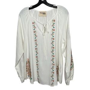 Savanna Jane Cream Floral Linen Blend Summer Embroidered Boho Top Size Large